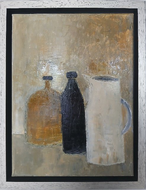 stilleven met kan en flessen2.jpg - Stilleven met kan en flessen, olieverf op doek, 30x40cm